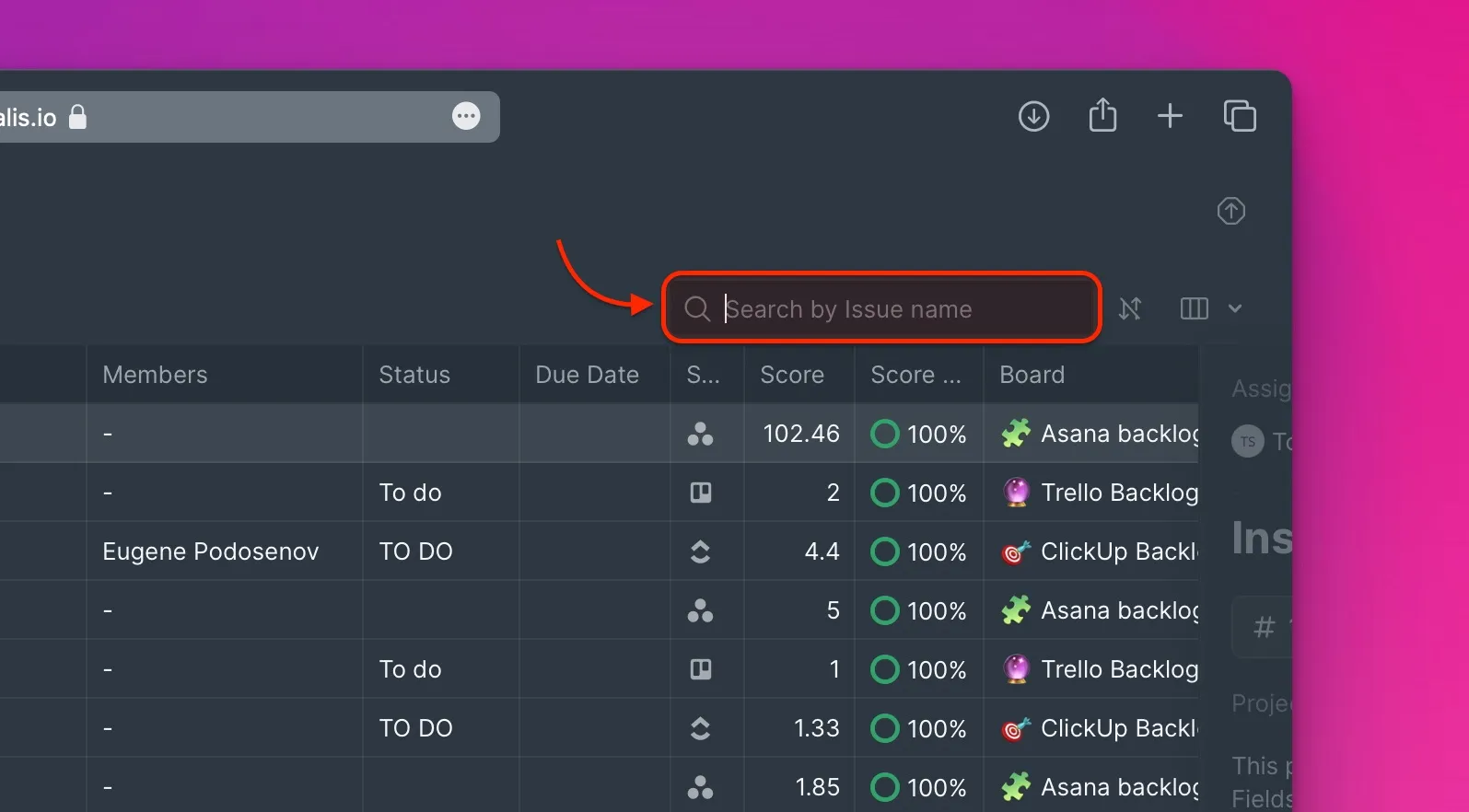 Ввод названия Задачи в поле поиска