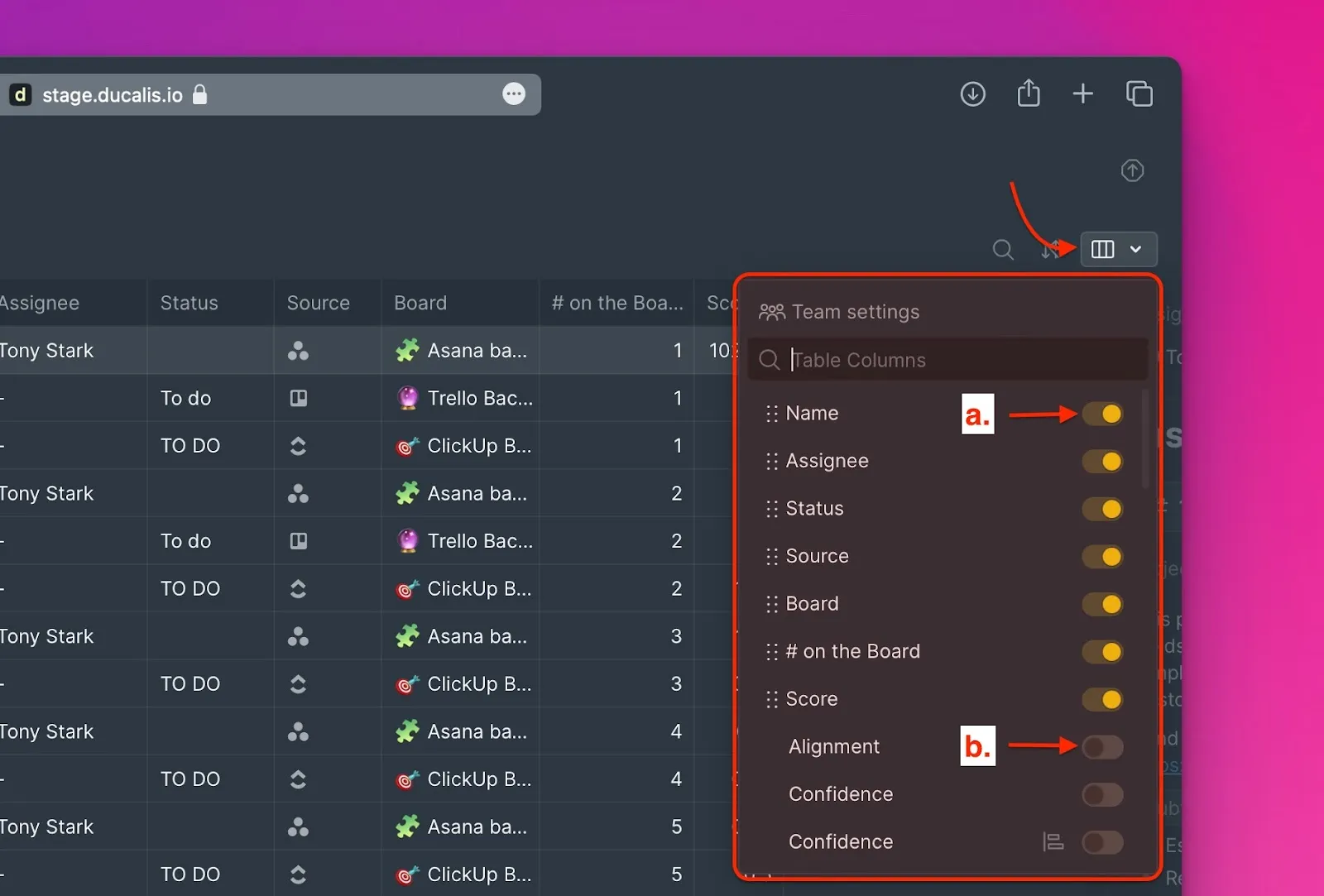 Настройки колонок таблицы с переключателями