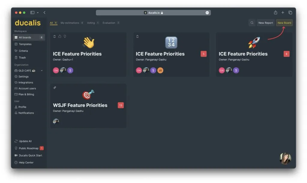 Кнопка New Board в дашборде