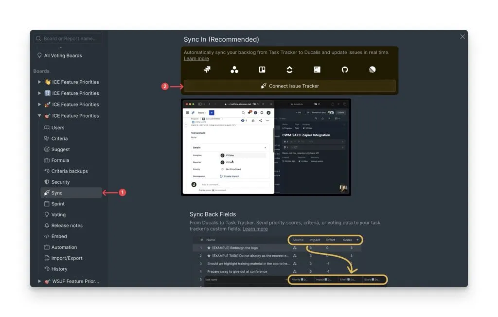 Кнопка Connect Issue Tracker в настройках синка