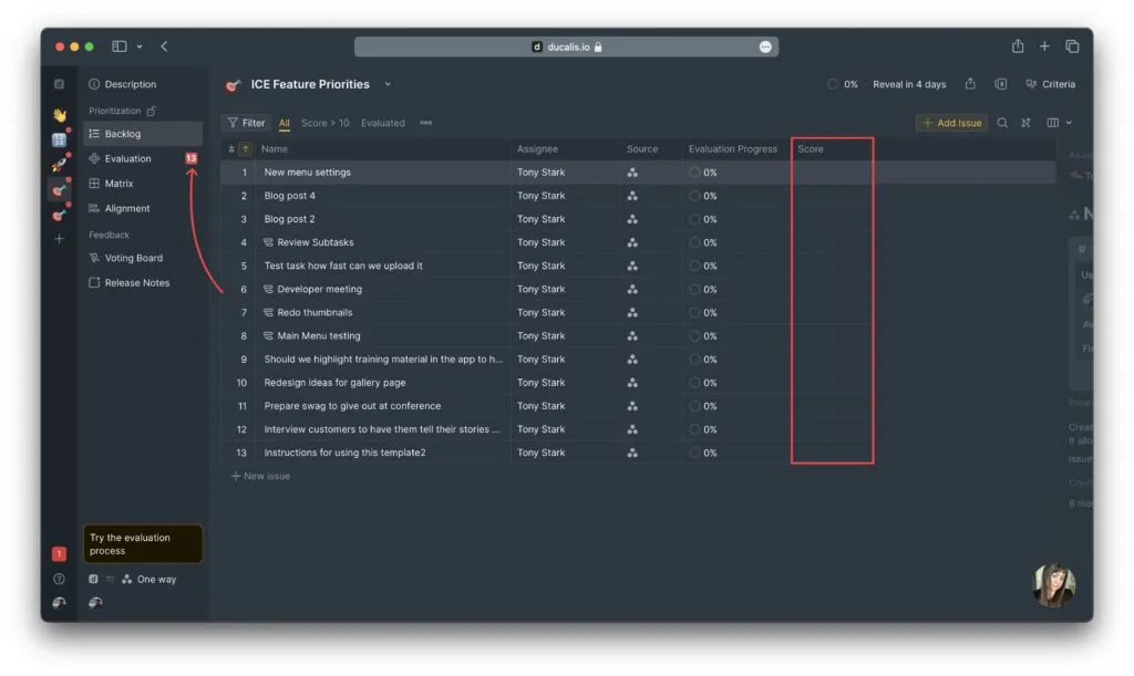 Страница Backlog с приоритизированными задачами