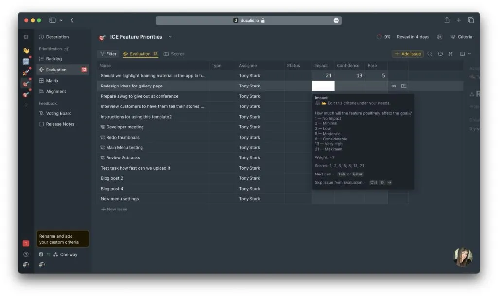 Раздел Evaluation с деталями задач из Asana