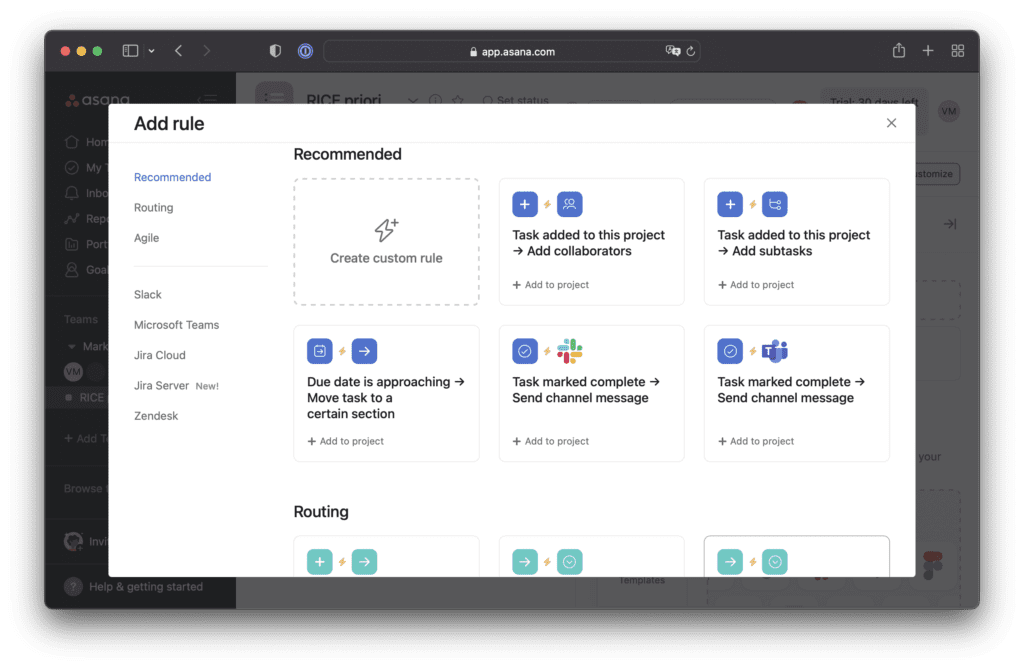 Интерфейс автоматизации Asana без доступных действий для расчётов
