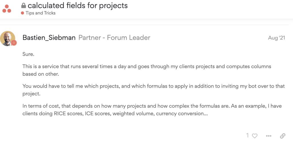 Интерфейс кастомных полей Asana без опций для расчётов