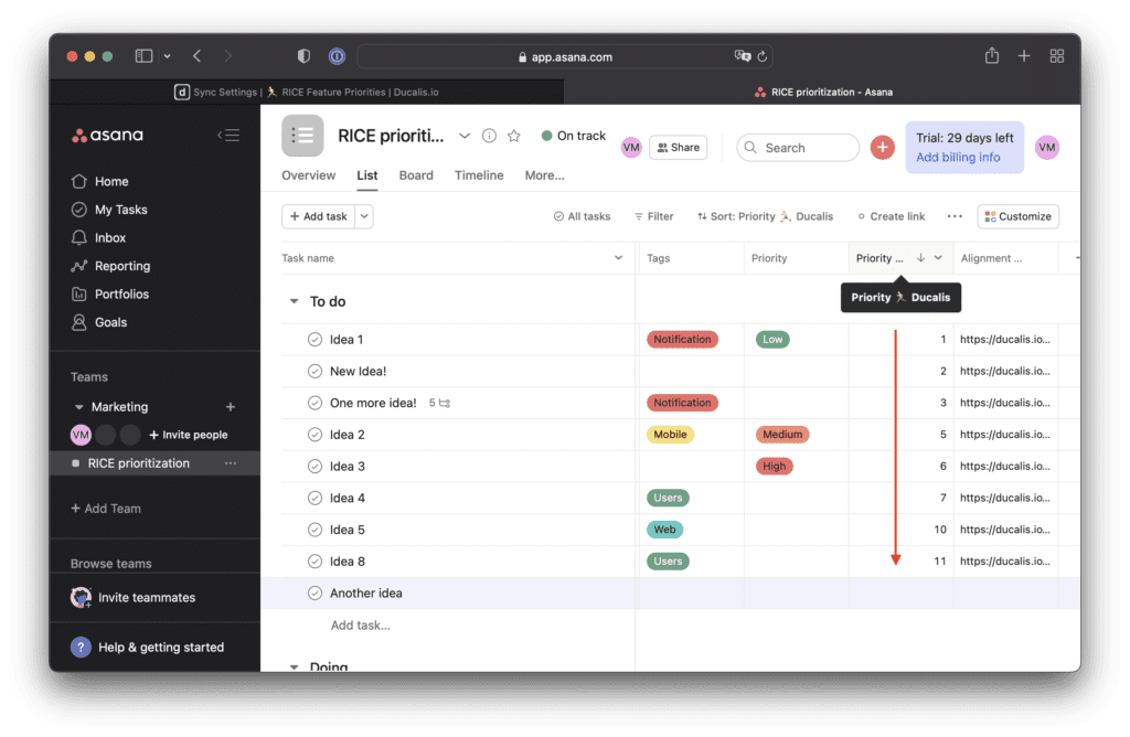 Интерфейс Asana с новым кастомным полем приоритета и рассчитанными баллами