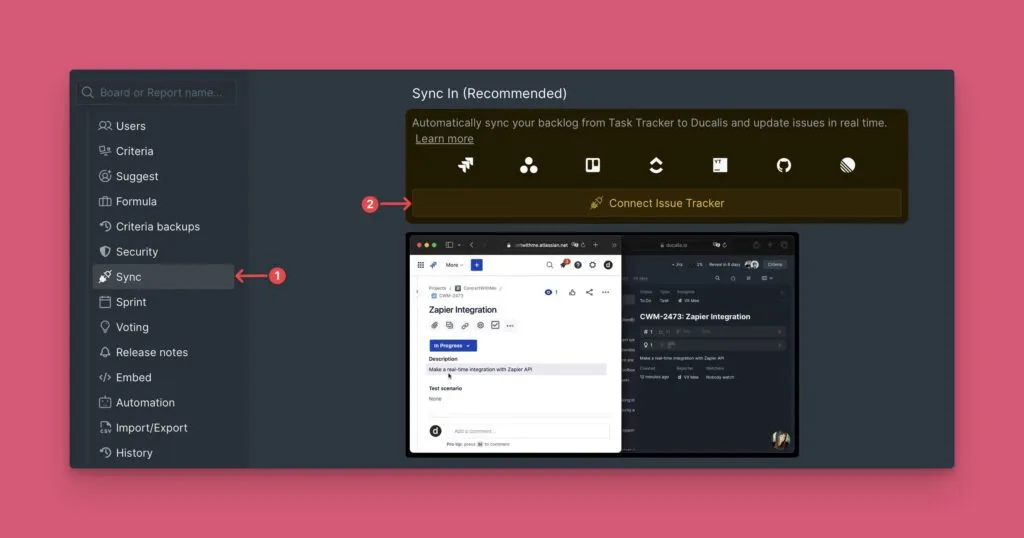 Настройки синка с опцией подключения таск трекера