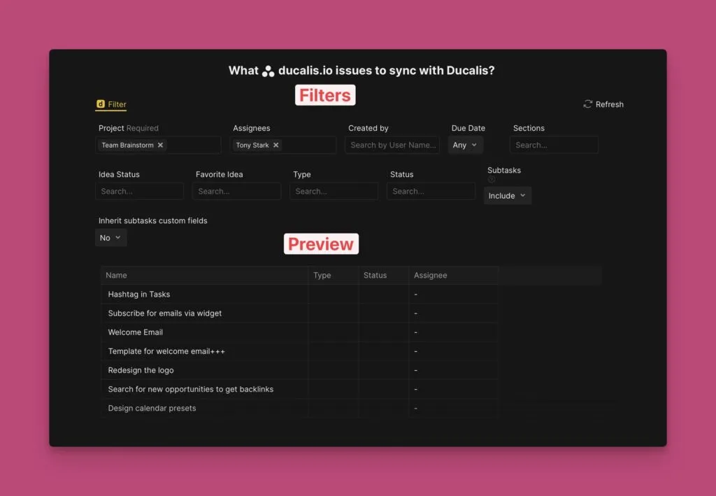 Фильтры и предпросмотр с опцией подзадач