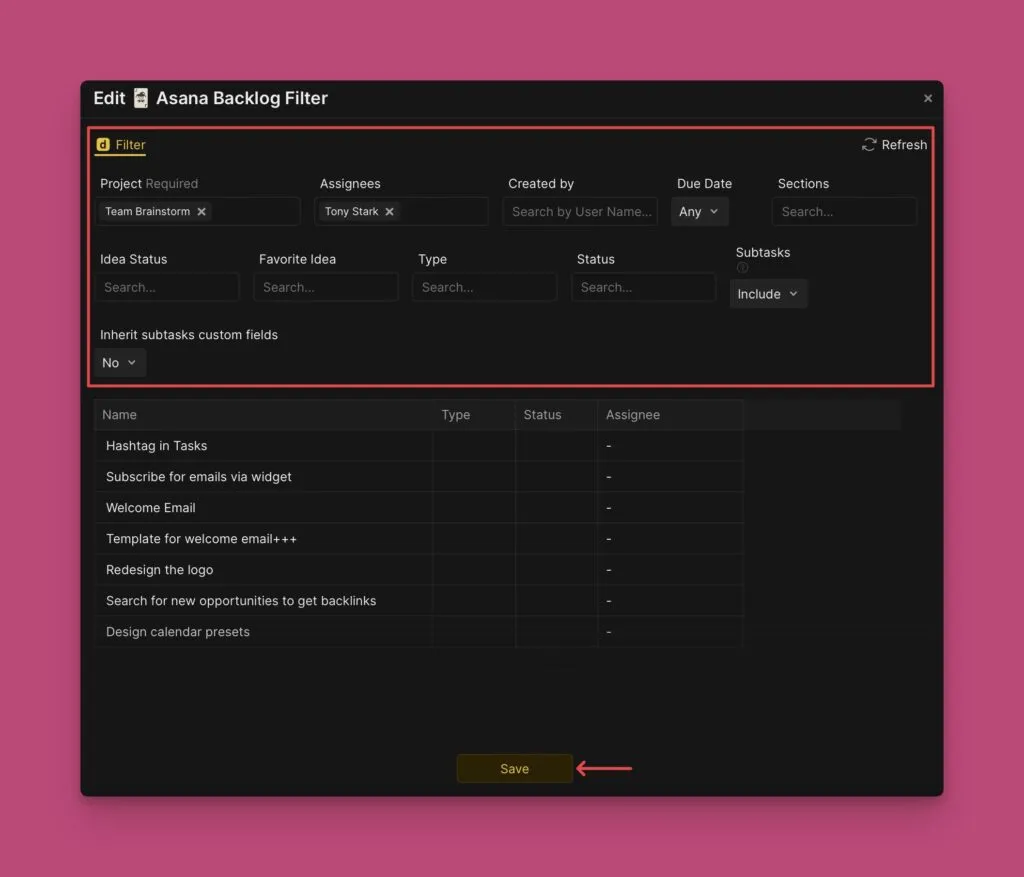 Интерфейс редактирования фильтров с кнопкой сохранения