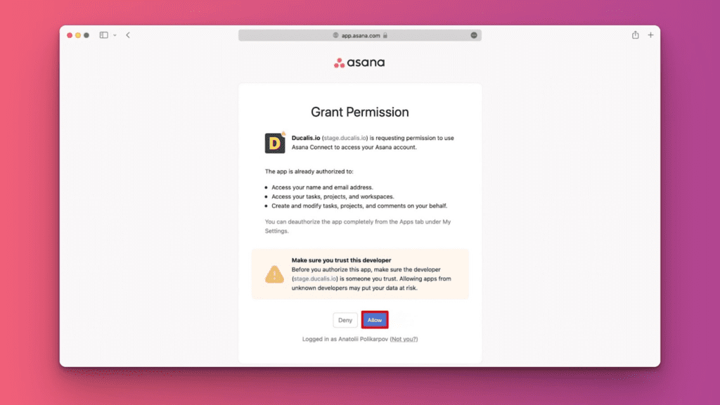 Экран авторизации Asana
