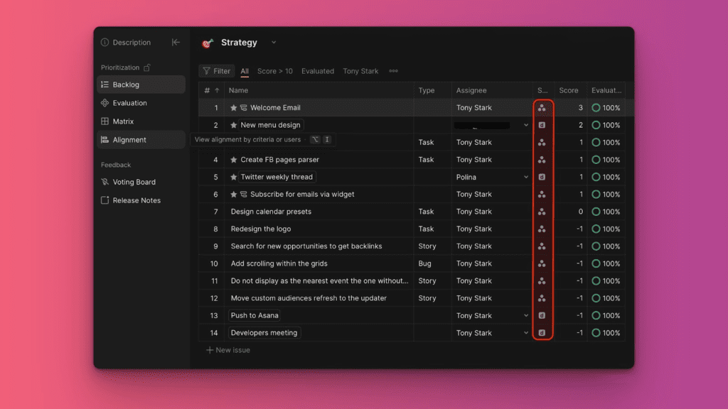 Доска с иконками Asana и продукта на Задачах