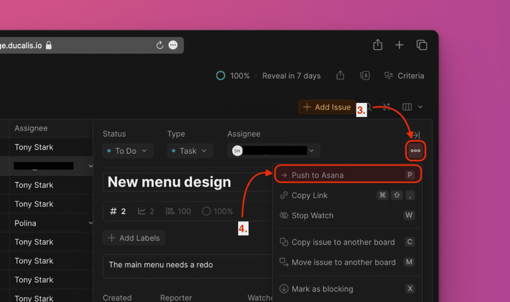 Опция Push to Asana в меню Задачи