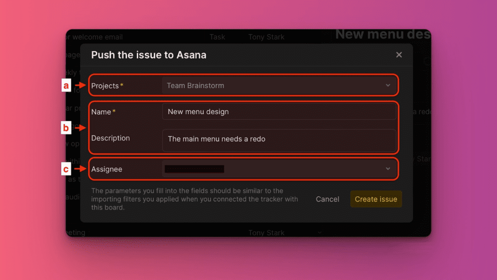 Форма настройки отправки в Asana