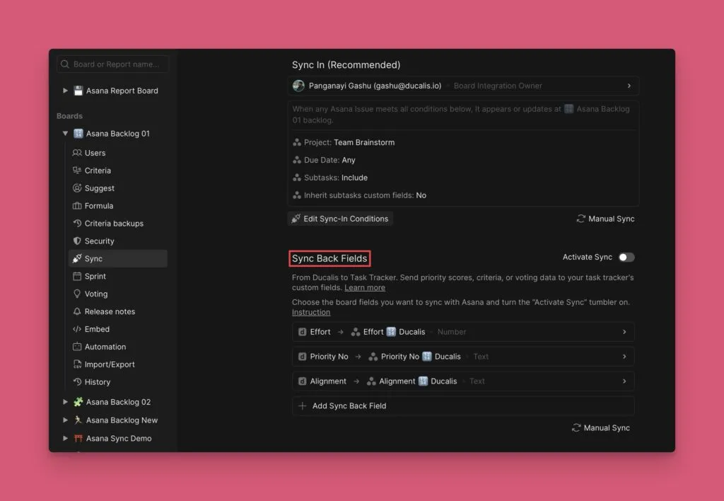 Меню настроек синка с разделом Sync Back Fields
