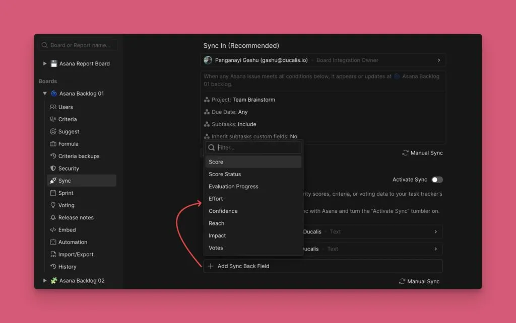 Выпадающее меню Add Sync Back field