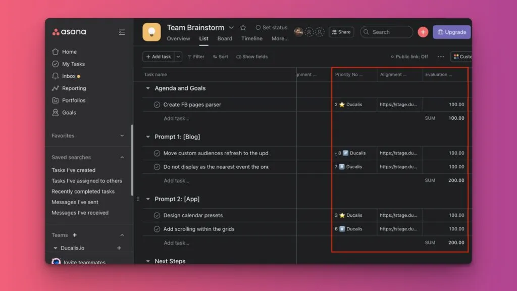 Кастомные поля, созданные в Asana, с данными приоритета