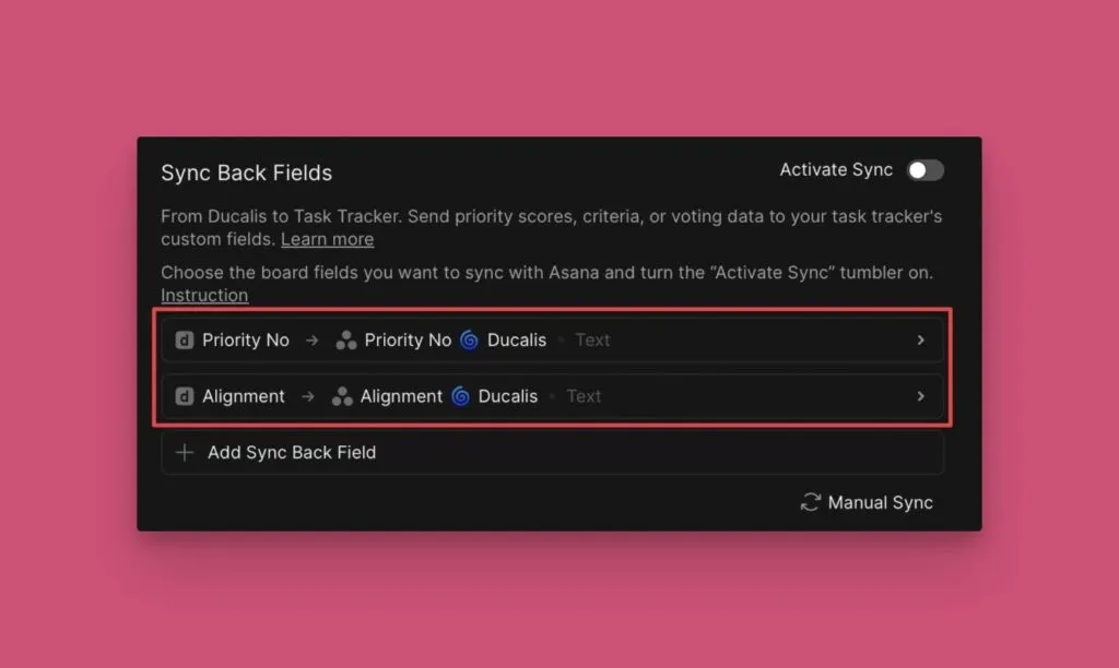 Поля обратного синка по умолчанию: Priority и Alignment