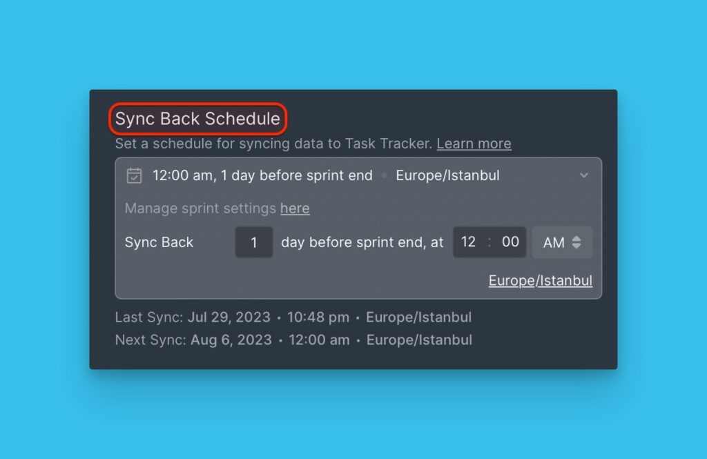 Настройки расписания синка с выбором часового пояса