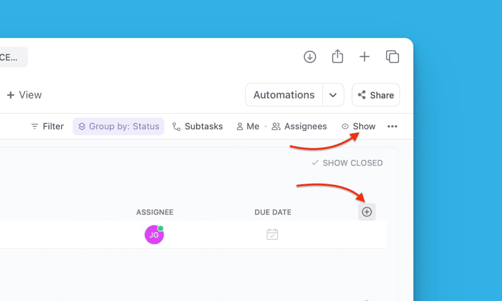 Расположение кнопки Show или Add column