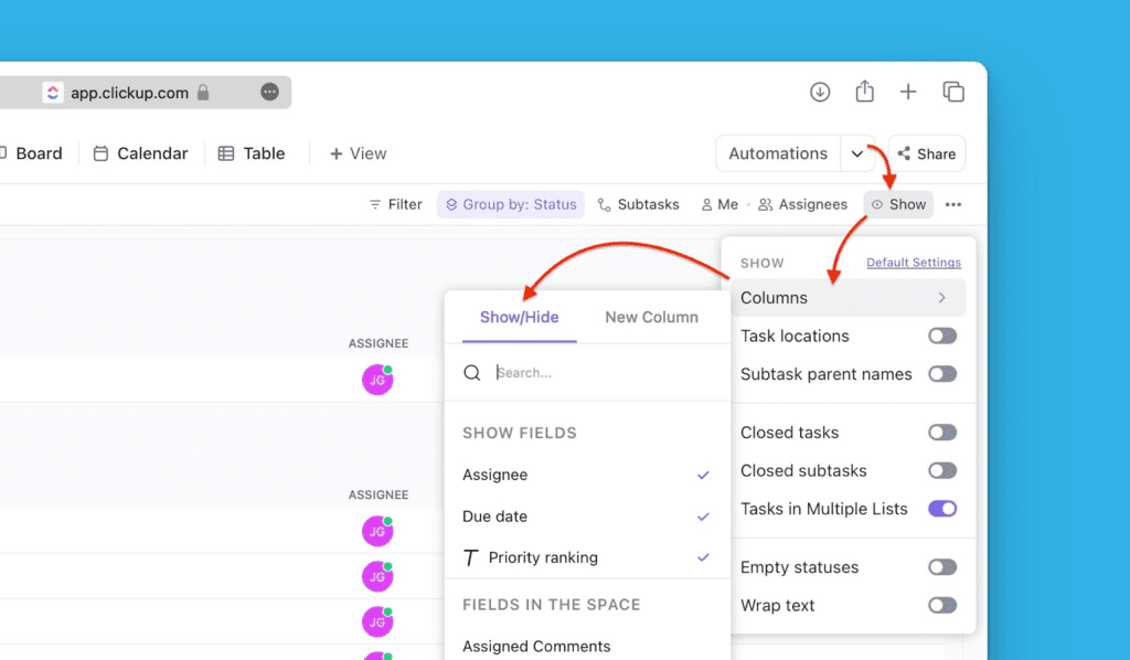 Меню Columns с опцией Show/Hide