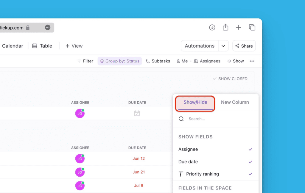 Опция Show/Hide из меню Add column