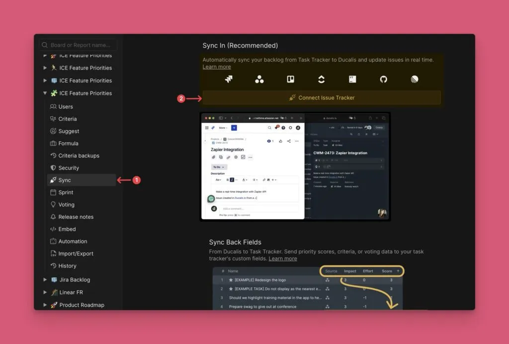 Раздел Sync In с кнопкой Connect Issue Tracker
