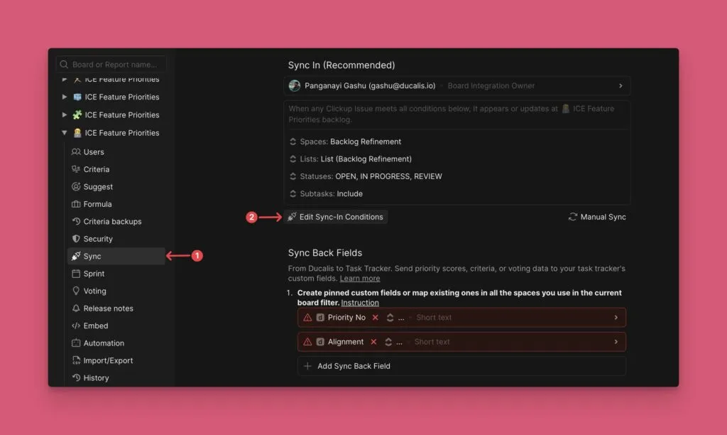 Кнопка Edit Sync-In Conditions