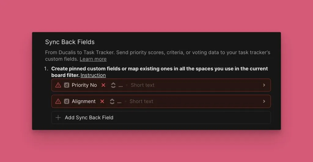 Экран настройки обратного синка для ClickUp