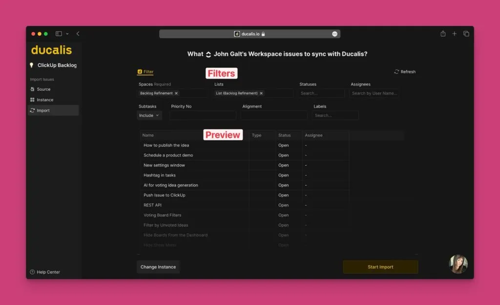 Опции фильтров с предпросмотром задач