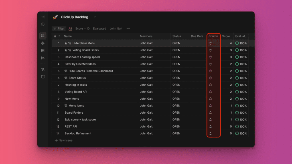 Доска с импортированными задачами ClickUp с иконками ClickUp