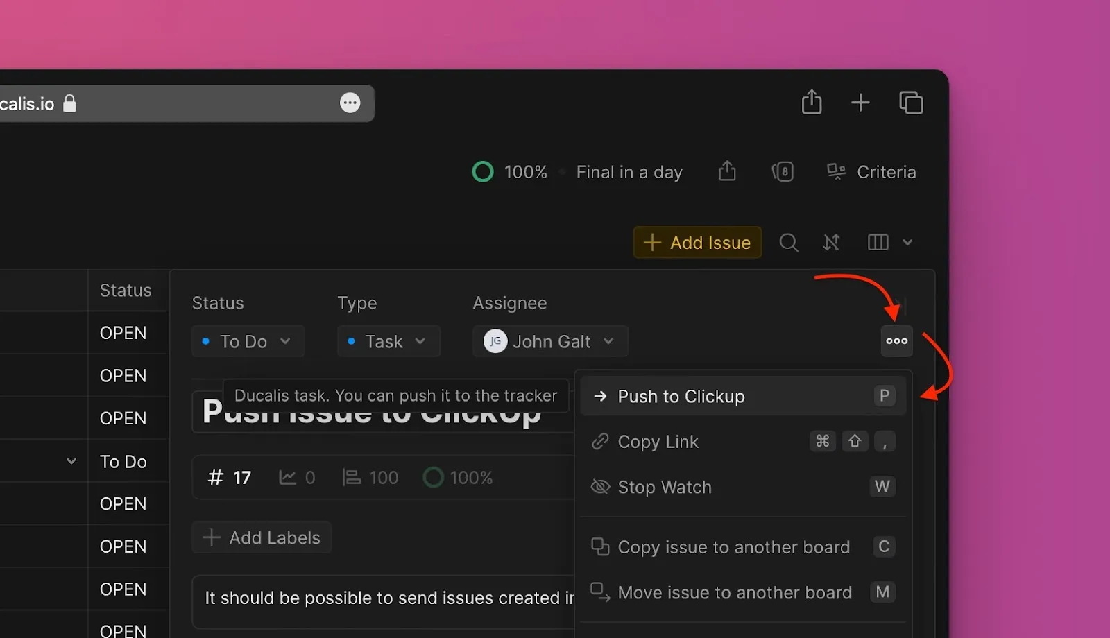 Опция Push to ClickUp в выпадающем меню