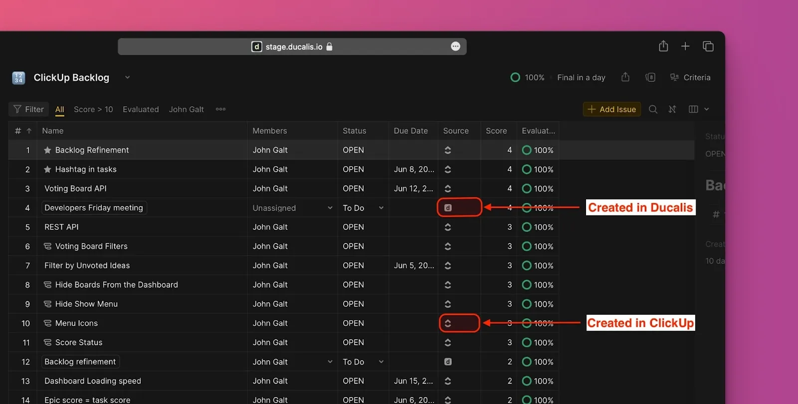 Бэклог с задачами, помеченными значками ClickUp и продукта