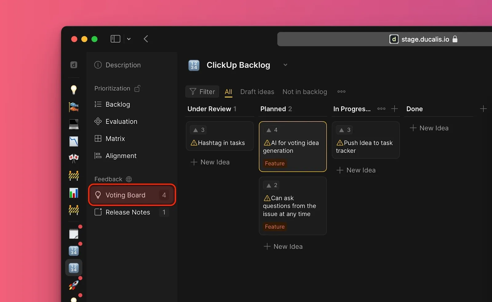 Доска идей с Идеями, помеченными значками предупреждения