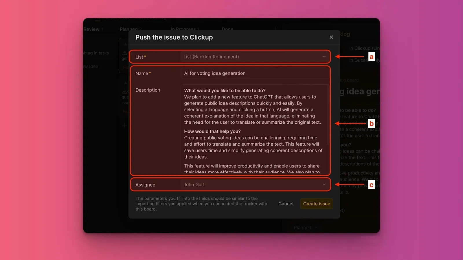 Форма создания Задачи для Идеи с Доски идей