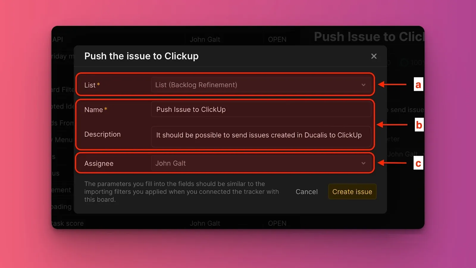Форма создания Задачи с полями проекта, названия, описания и ответственных