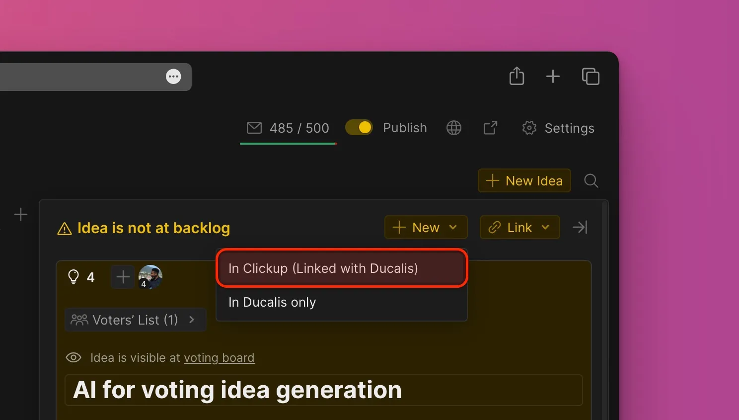 Выпадающее меню с опцией In ClickUp