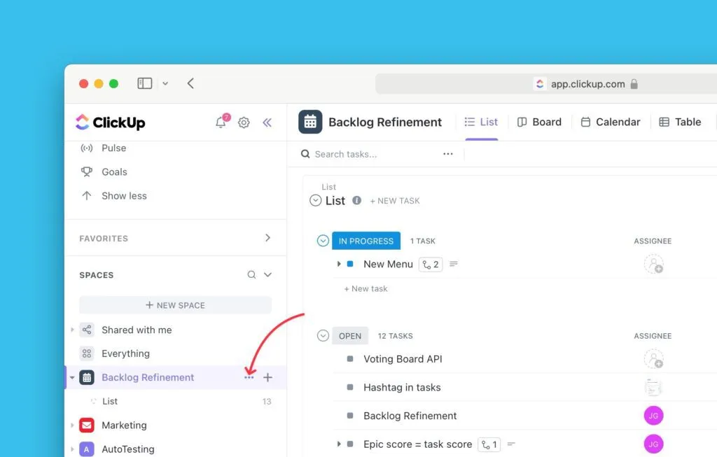 Меню многоточия рядом с названием пространства