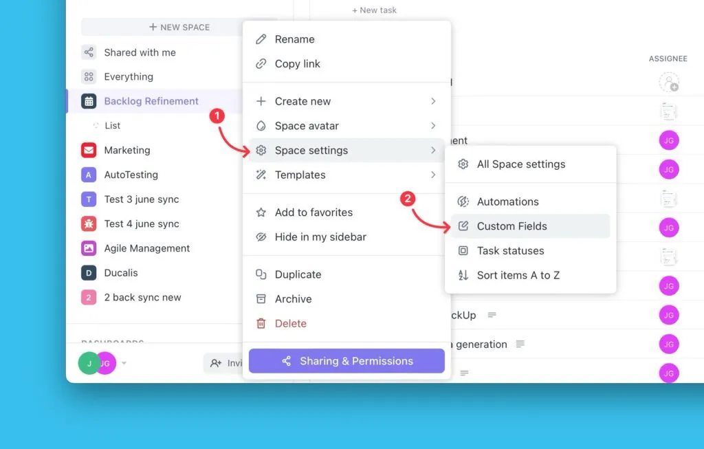 Опция Space Settings в выпадающем меню