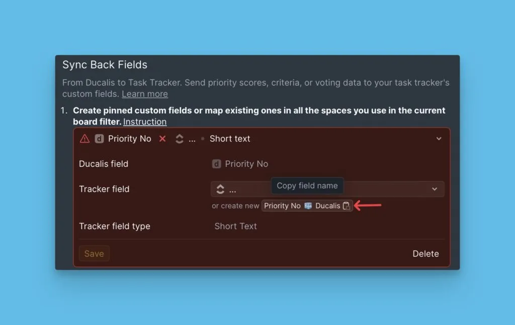 Копирование названия поля из настроек синхронизации