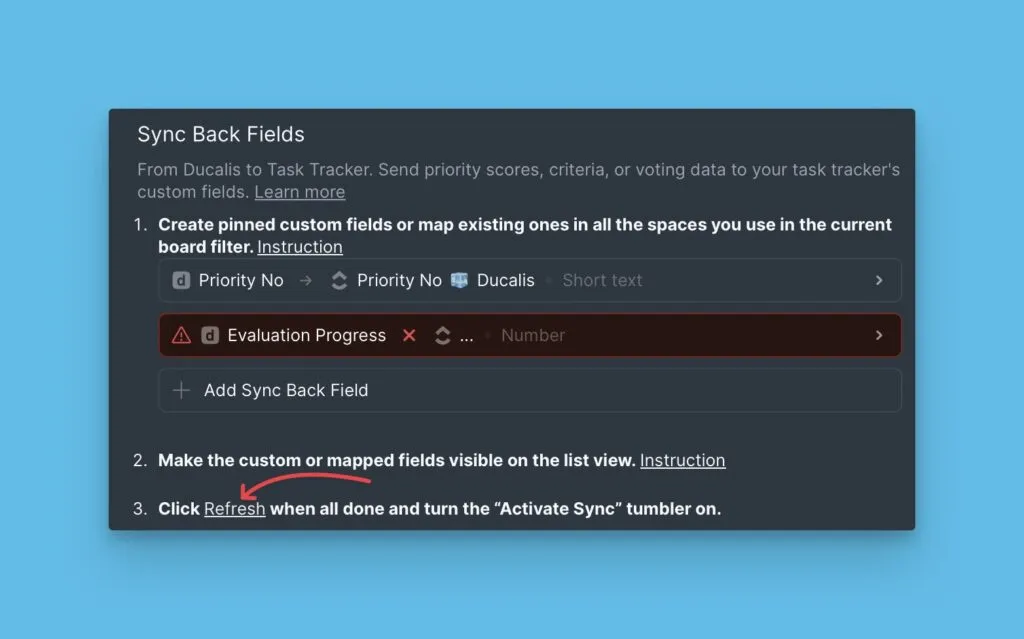Кнопка Refresh в настройках синхронизации