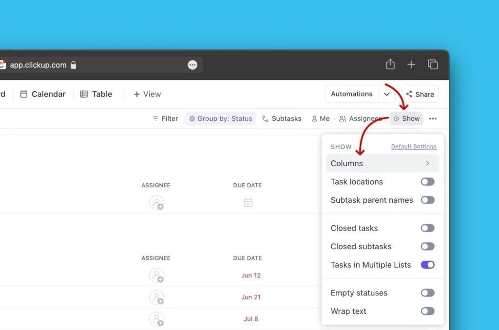 Меню Show с опцией Columns