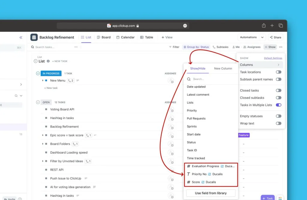 Меню Show/Hide со списком кастомных полей