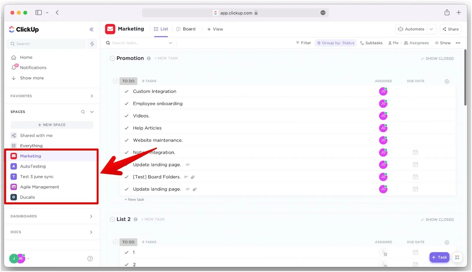 Выпадающий список выбора пространства в ClickUp