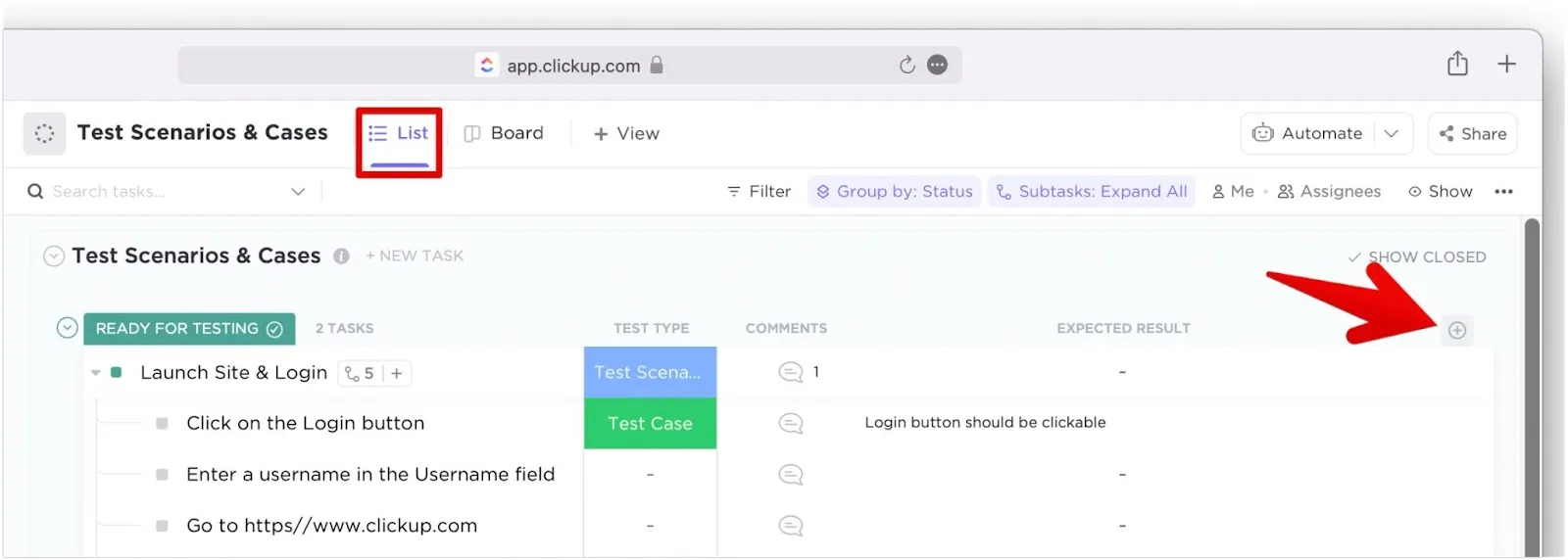 Иконка Plus для добавления колонок в представлении списка