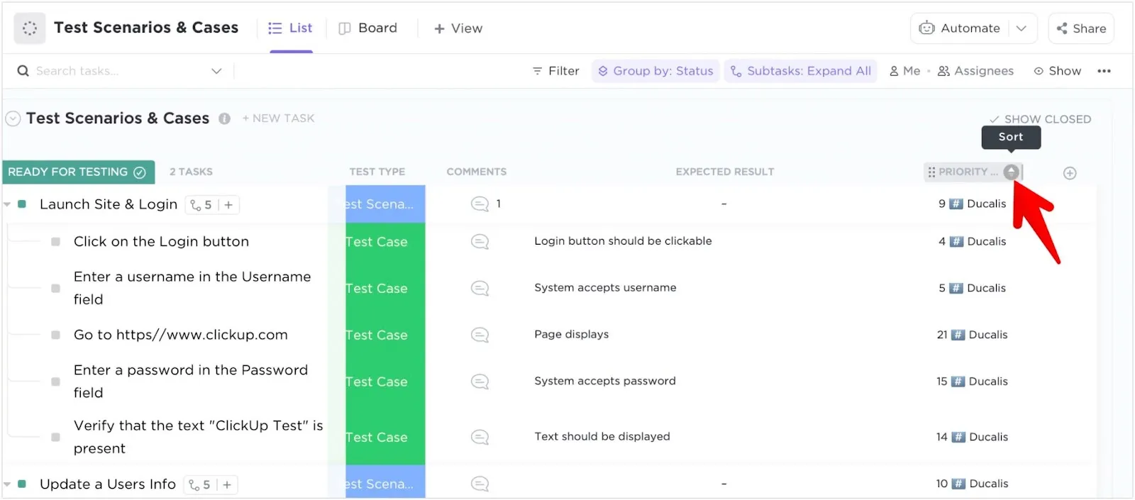 Иконка Sort в заголовке поля Priority