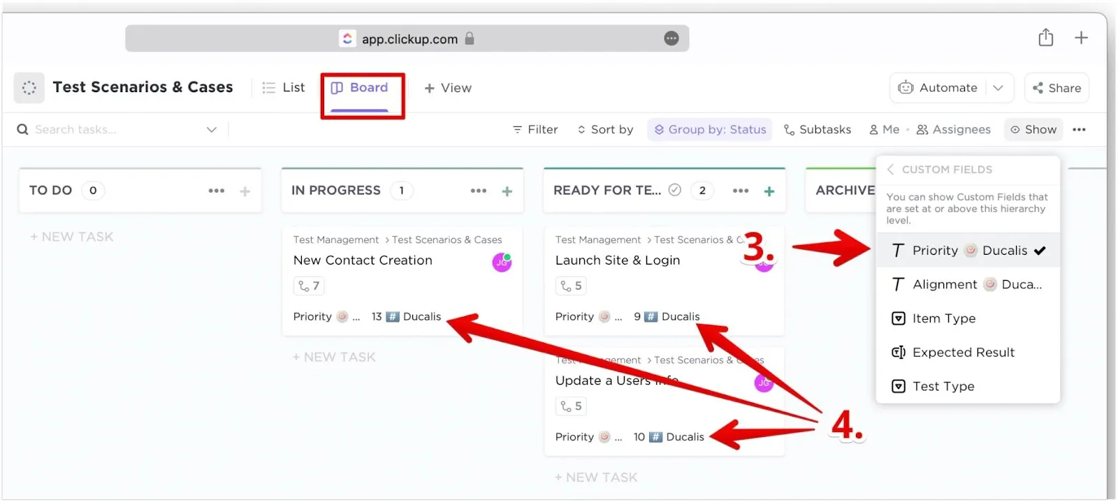 Рейтинг приоритета отображается на карточках задач в представлении доски