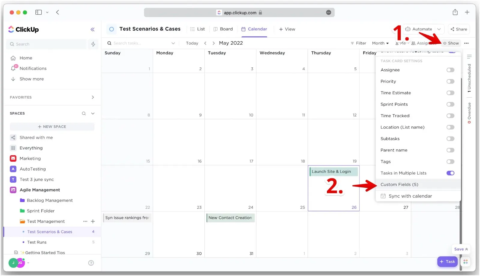 Опция Custom fields в меню Show представления календаря
