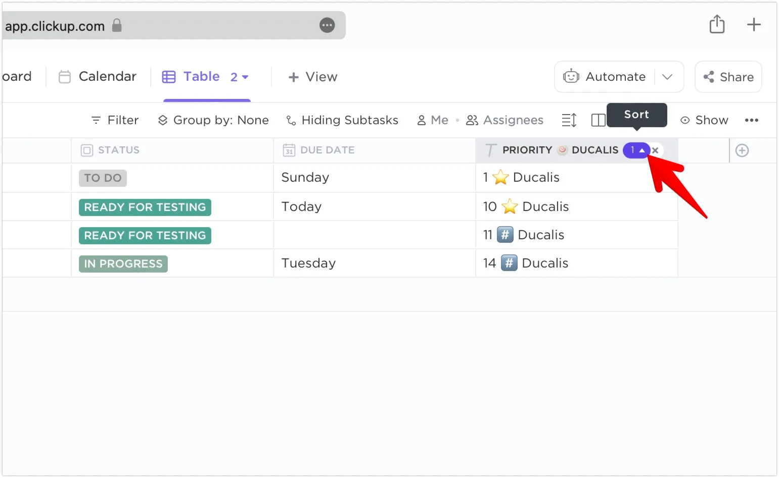Сортировка задач по приоритету в представлении таблицы