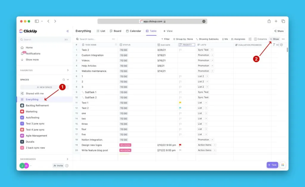 Вид Everything в ClickUp