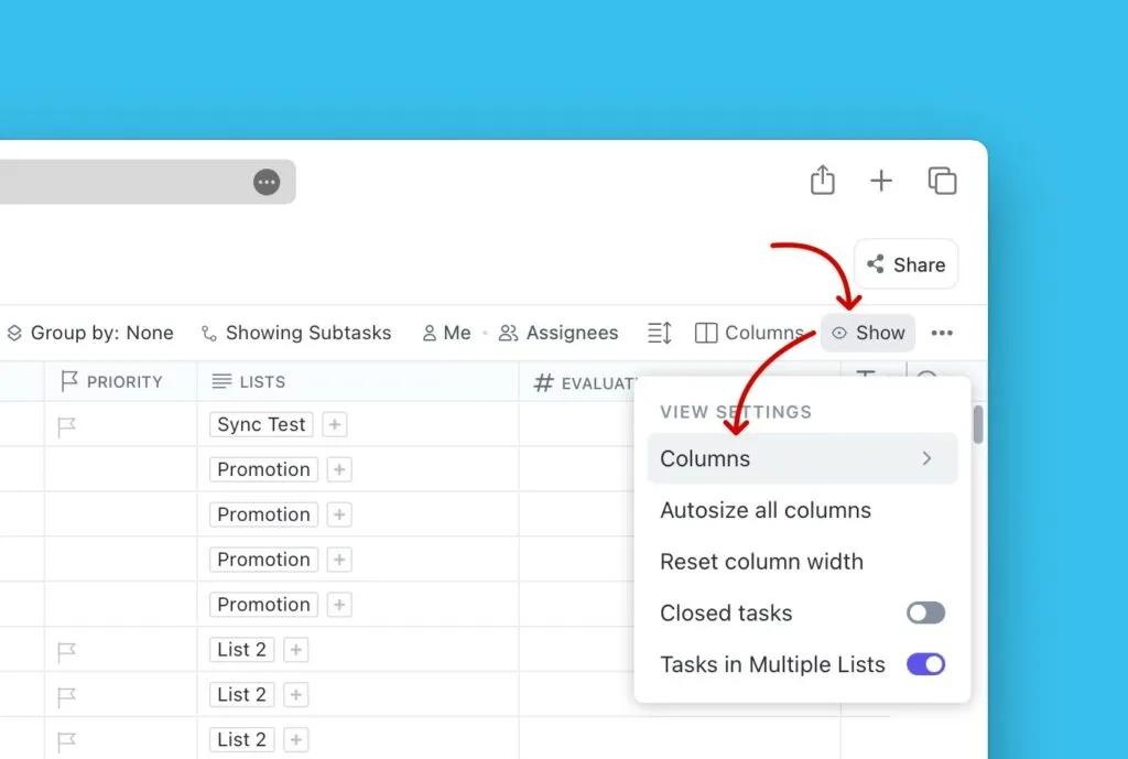 Меню Show в ClickUp