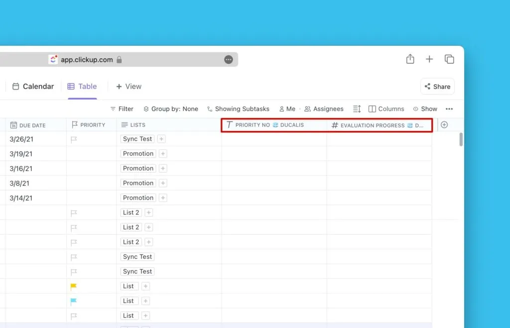 Кастомные поля отображаются в представлении списка ClickUp